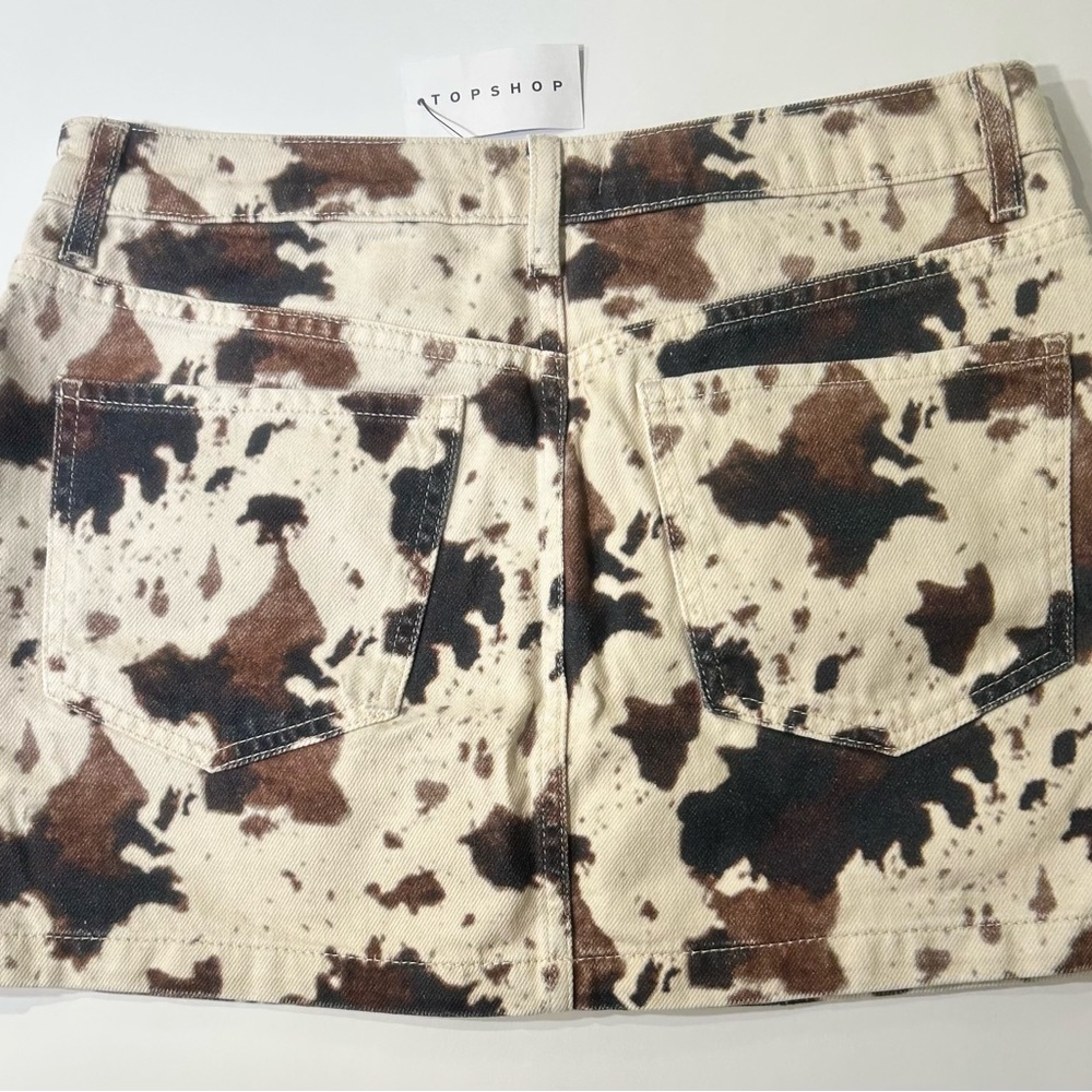 Topshop Cow Print Mini denim Skirt Size 6 | Brown Cream Denim Y2K - Picture 2 of 7